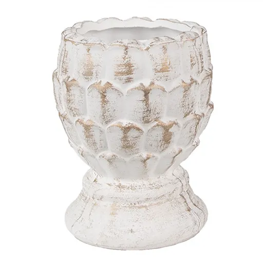 Bílo-zlatý cementový květináč ve tvaru šišky na podstavci S - Ø 11*13 cm Clayre & Eef