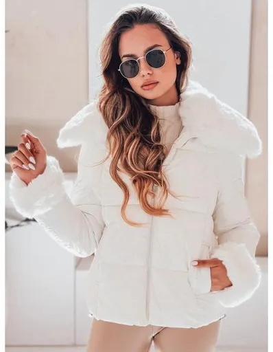 Dámská prošívaná krátká bunda s kožešinou, bílá