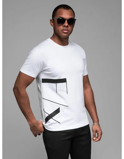 Pánské bavlněné tričko s velkým nápisem na boku - bílé V2 OM-TSPT-0213