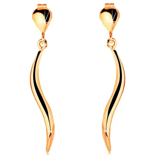 Zlaté 14K náušnice - vypouklá vlnka visící na lesklé slzičce, puzetky