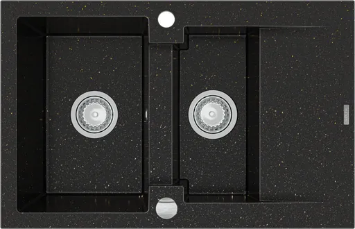 MEXEN Gaspar žula dřez 1,5-mísa dřez s vypouštěním krátký odkapávač 737x475 mm, černá / kovové zlato 6507731505-75