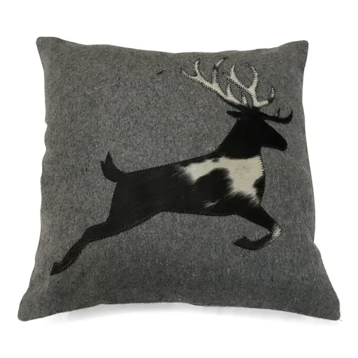 Šedý vlněný polštář s jelenem z hovězí kůže / bílo, černá - 45*45*10cm GKWGKSSP