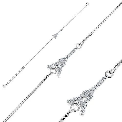 Náramek ze stříbra 925, Eiffelova věž se zirkony, řetízek z hranatých oček