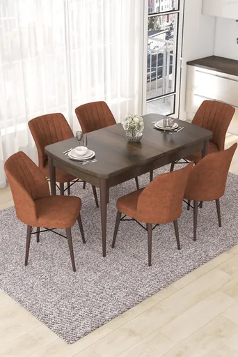 Extendable Dining Table & Chairs Set (7 Pieces) Nef - Baroque, Tile Red