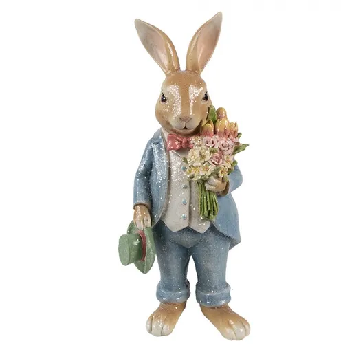 Dekorace králík v modrém obleku a s kytičkou - 11*10*26 cm 6PR5230