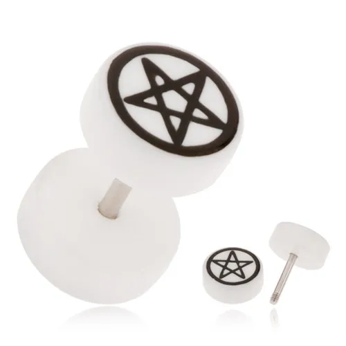 Akrylový fake plug do ucha, bílá barva, pentagram