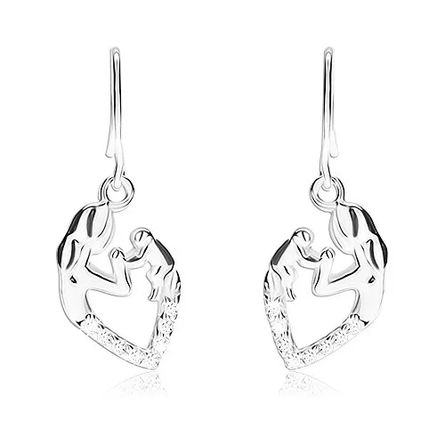 Stříbrné 925 náušnice - obrys srdce se siluetou matky a děťátka