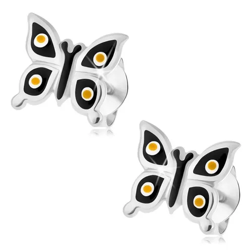 Puzetové náušnice, stříbro 925, lesklý černý motýlek, žluté a bílé tečky