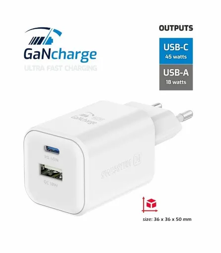 SWISSTEN SÍŤOVÝ ADAPTÉR GaN 1x USB-C 45W PD + 1x USB-A 18W QC BÍLÝ
