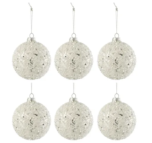 6ks bílá stříbrná vánoční skleněná ozdoba s korálky - Ø 8 cm J-Line by Jolipa
