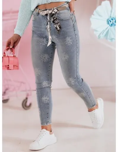 Dámské úzké džínové kalhoty s páskem CRYSTALUX modré