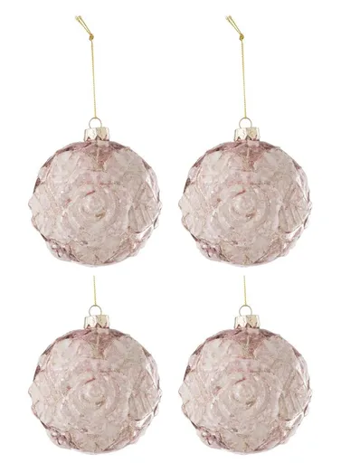 4ks růžová vánoční skleněná ozdoba s růžemi a třpytkami M - Ø 10 cm J-Line by Jolipa