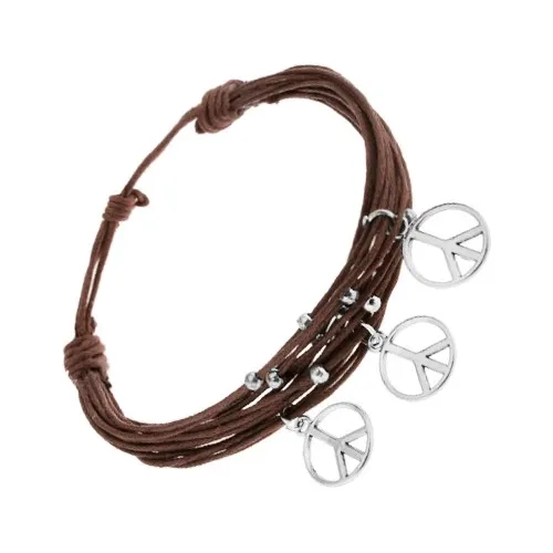 Náramek ze šňůrek, hnědá barva, stříbrné kuličky a přívěsky - znak míru