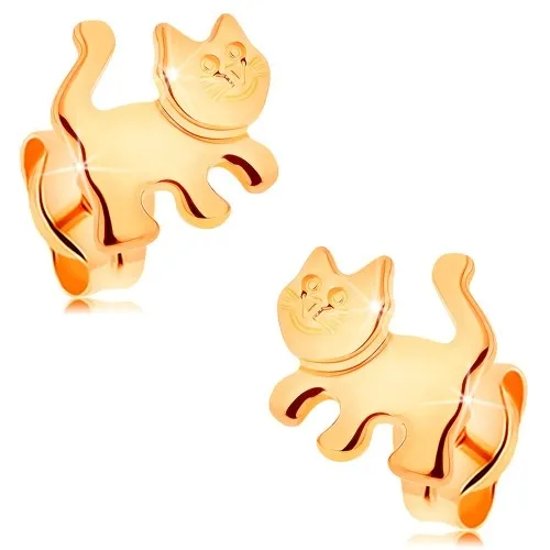 Náušnice ze žlutého 14K zlata - lesklá kočička, puzetové zapínání