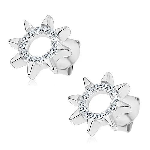 Náušnice ze stříbra 925, kontura slunce z čirých zirkonů, lesklé paprsky, puzetky
