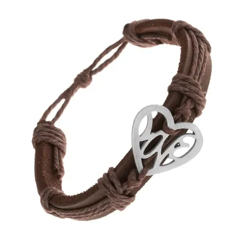 Tmavohnědý náramek ze syntetické kůže a šňůrek, vyřezávané srdce