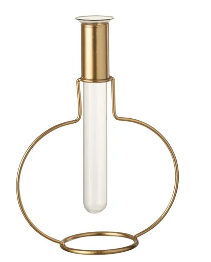 Skleněná váza zkumavka ve zlatém stojánku Tube - 18*8*23 cm J-Line by Jolipa