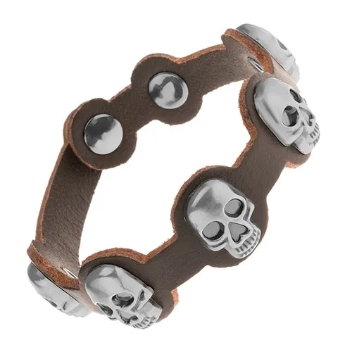 Kožený náramek tmavě hnědé barvy, matné patinované lebky z oceli