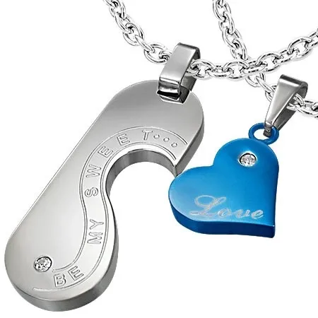Ocelové přívěsky pro dvojici - srdce, známka, zamilované nápisy, stříbrná a modrá barva