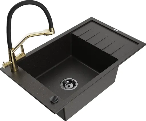 MEXEN/S Elias granitový dřez s odkapávačem včetně baterie Duo, černá/zlatá metalik 6511-75-671701-57-B