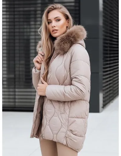 Dámská zimní bunda s kožešinou, béžová