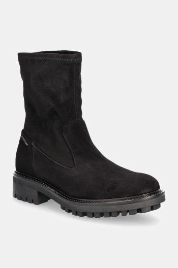 Semišové boty Calvin Klein FLAT SOCK BOOT SUE MIX dámské, černá barva, na plochém podpatku, HW0HW02199