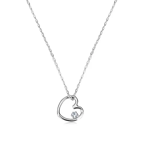 Náhrdelník ze 14K bílého zlata - kontura pravidelného srdíčka, čirý kulatý zirkon