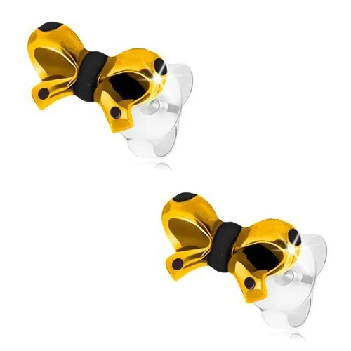 Stříbrné 925 náušnice, glazovaná mašlička ve žluté a černé barvě, puzetky