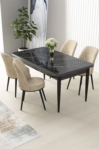 Dining Table & Chairs Set (5 Pieces) Nil - Black Marble, Cream
