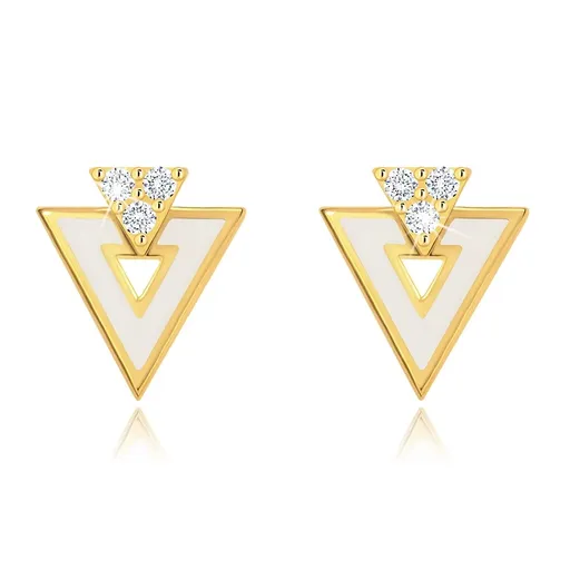 Zlaté náušnice 585 - bílý trojúhelník s výřezem, tři čiré zirkonky