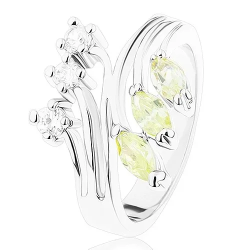 Prsten s lesklými rozvětvenými rameny, čiré a světle zelené zirkony - Velikost: 49