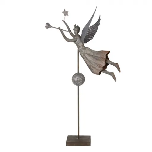 Šedá antik kovová dekorace anděl na podstavci s trubkou Angel - 93*30*135 cm Clayre & Eef