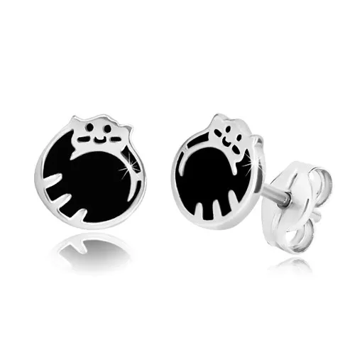 Stříbrné 925 náušnice - kočička schoulená do klubíčka, černá glazura, puzetky