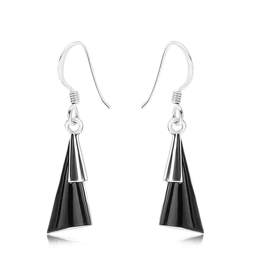 Náušnice - stříbro 925, afro háčky, vypouklé trojúhelníky, černý kámen