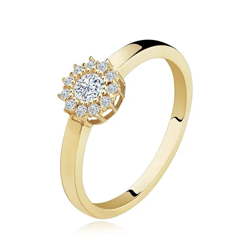 Prsten ze žlutého 14K zlata - třpytivý květ z kulatých čirých zirkonů - Velikost: 50