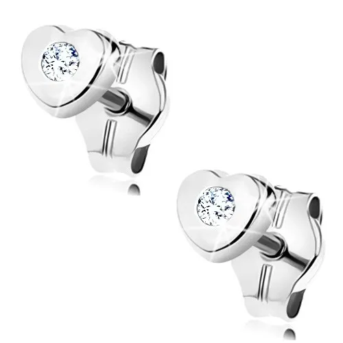 Zlaté náušnice 585 - malá souměrná srdíčka s čirým zirkonkem uprostřed