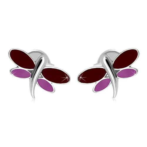 Náušnice z bílého 14K zlata - vážka s bordó a fialovou glazurou na křídlech