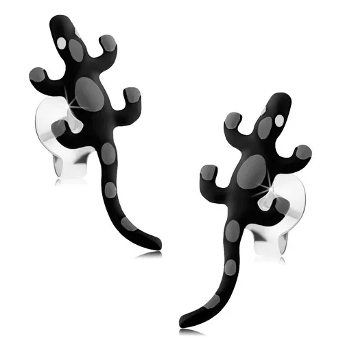 Stříbrné náušnice 925, černé glazované ještěrky se šedými skvrnami