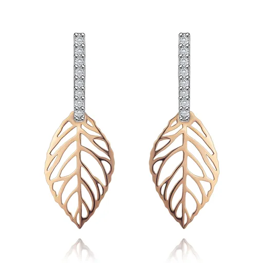 Náušnice v kombinovaném 14K zlatě - pás čirých zirkonků, vyřezávaný list