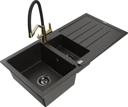 MEXEN/S Andres granitový dřez s odkapávačem včetně baterie Duo, černá/zlatá metalik 6515-75-671701-57-B