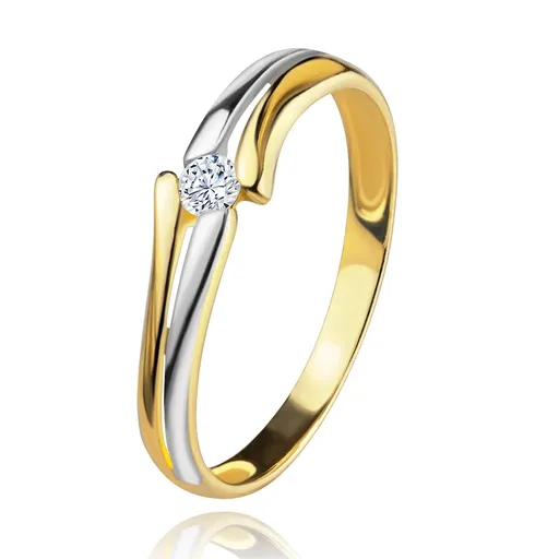 Diamantový zlatý prsten 585, zářivý čirý briliant, rozdělená dvoubarevná ramena - Velikost: 56
