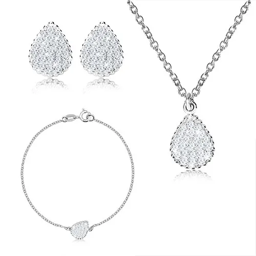 Stříbrný trojset 925 - třpytivá kapka vykládaná transparentními zirkony