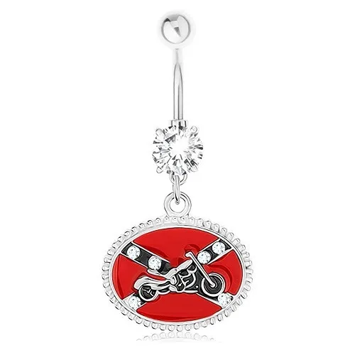 Piercing do pupíku, ocel 316L, čirý zirkon, motiv jižanské vlajky, motorka
