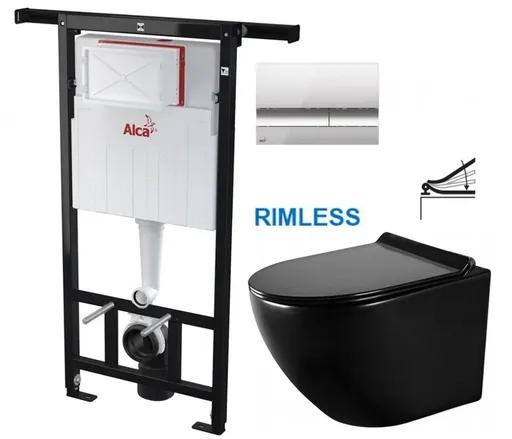 Předstěnový instalační systém s chromovým tlačítkem M1721 + WC MEXEN LENA ČERNÁ Rimless + SEDÁTKO AM102/1120 M1721 ME01