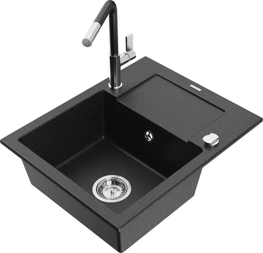 MEXEN/S Enzo granitový dřez 1-miska s odkapávačem včetně baterie Flora, černá/stříbrná metalik 6506-73-670401-07