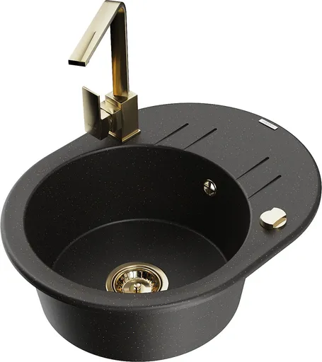 MEXEN/S Kevin granitový dřez s odkapávačem včetně baterie Rita, černá/zlatá metalik 6517-75-670300-50