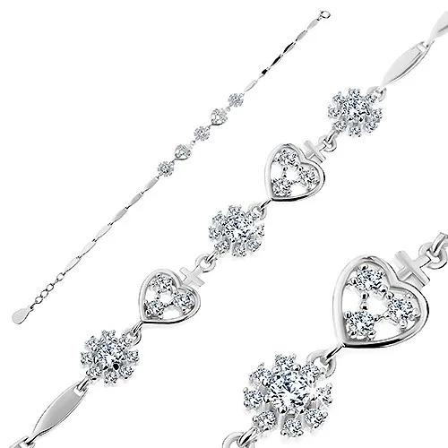 Stříbrný náramek 925, zirkonová srdíčka a květy, lesklé úzké články