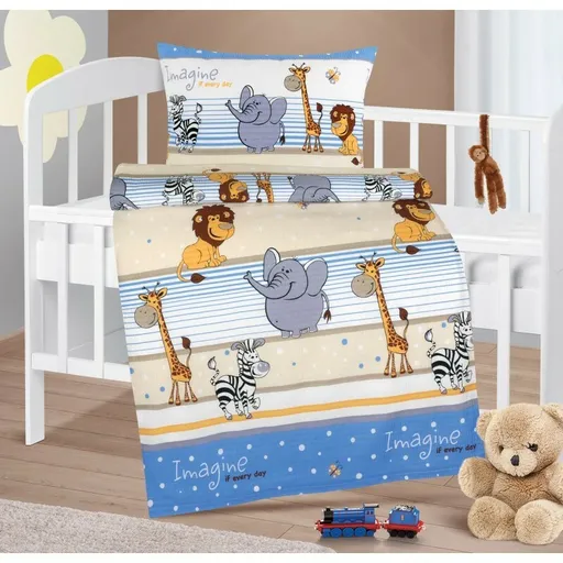 Bellatex Dětské krepové povlečení do postýlky Agáta Safari modrá, 90 x 135 cm, 45 x 60 cm