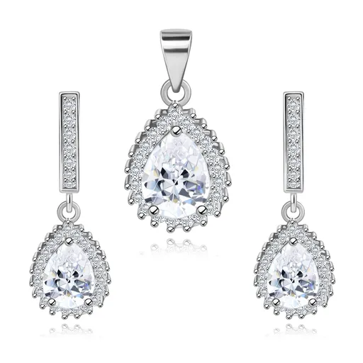 Stříbrný 925 set, náušnice a přívěsek, zirkonová kapka, blyštivý lem