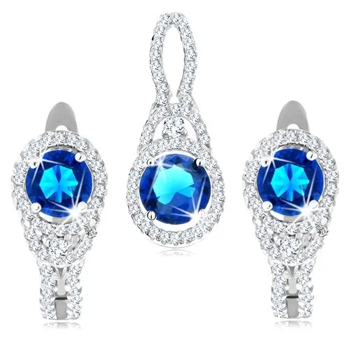 Stříbrná 925 sada z přívěsku a náušnic, tmavomodrý zirkon, čirá obruba